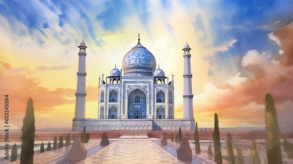Fototapeta premium Watercolor Sketch of the Taj Mahal in India - Generative AI.