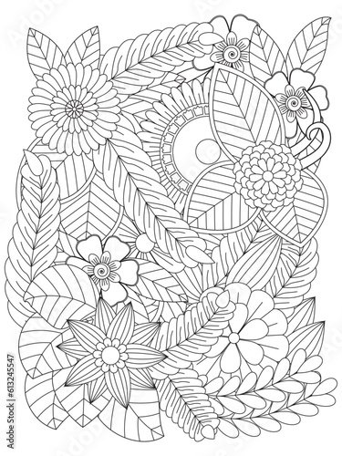 Black and white flower pattern for coloring. Doodle floral drawing. For adults and kids