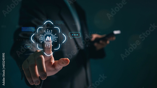 Business man using digital chatbot application Artificial Intelligence (AI) at home for online customer service. AI Chat Technology for Seamless Communication and Customer Engagement.