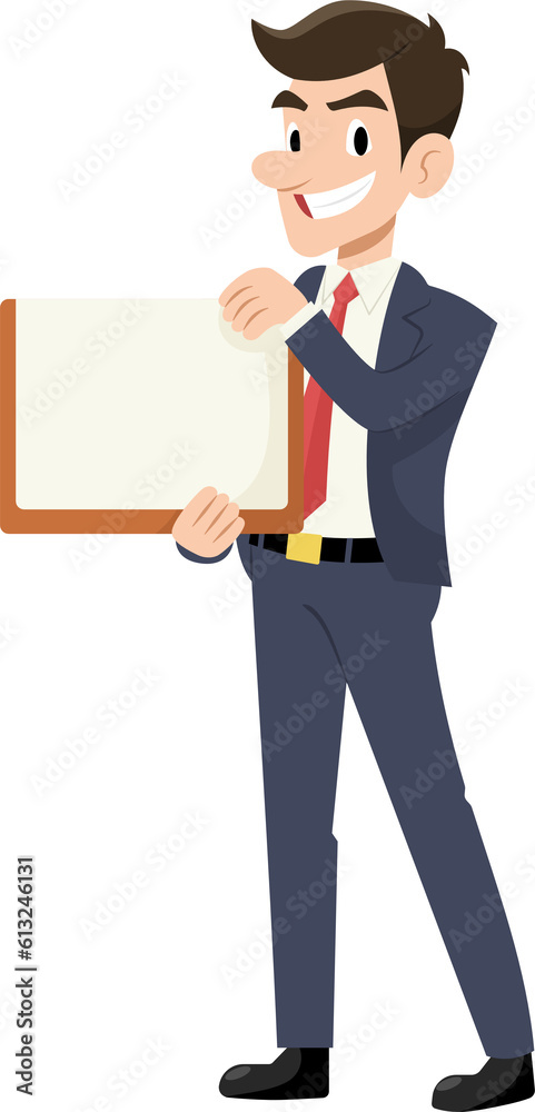 Businessman smile happy holding board presentation flat style cartoon. Businessman smile happy holding board presentation flat style cartoon.
