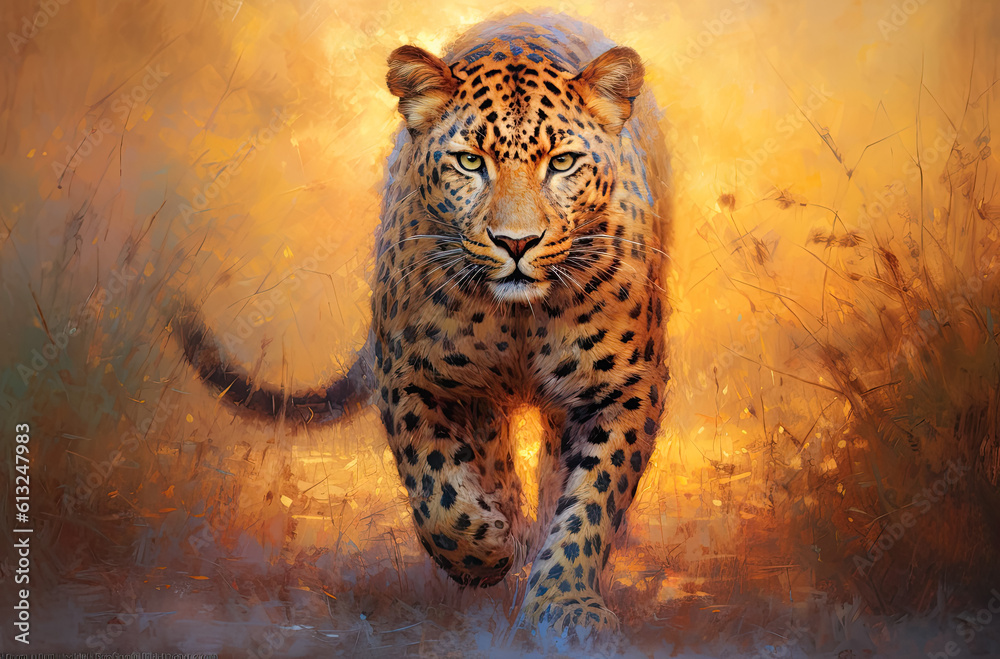 Leopardo caminando en la sabana africana.Ilustración de Ia generativa - obrazy, fototapety, plakaty 