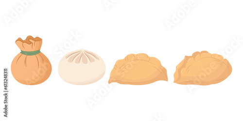 Set with Chinese dumplings dim sum, wonton and jiaozi flat vector isolated in white background. 
