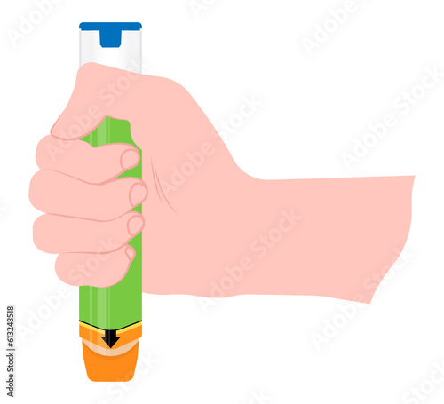Hand hold Epinephrine Anaphylaxis the allergy drug for face swollen and bee sting by adrenaline syringe dose of allergen nut to treat life threatening in septic heart failure