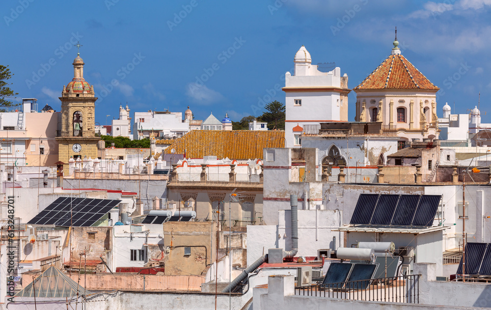 Aerial view from the tower to the white houses of Cadiz on a sunny day.