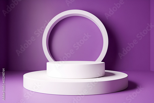 Generative AI. white podium in form of circle on purple background. mock up for exhibition, presentation of goods , product display