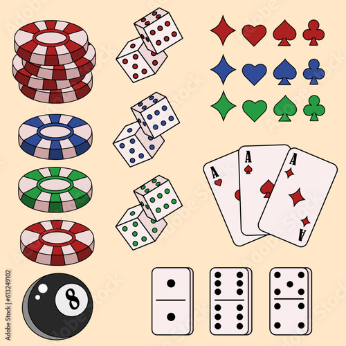 Gambling casino chips and cards, casino tokens. Vector aces hearts and spades, clubs and diamonds. Leisure hobby entertainment gambling game red, blue and green objects