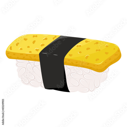Tamago nigiri isolated on white background. Rice with tamago omelet. 