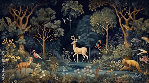 Mystical Night: Dark Blue Mural Wallpaper with Deer and Birds