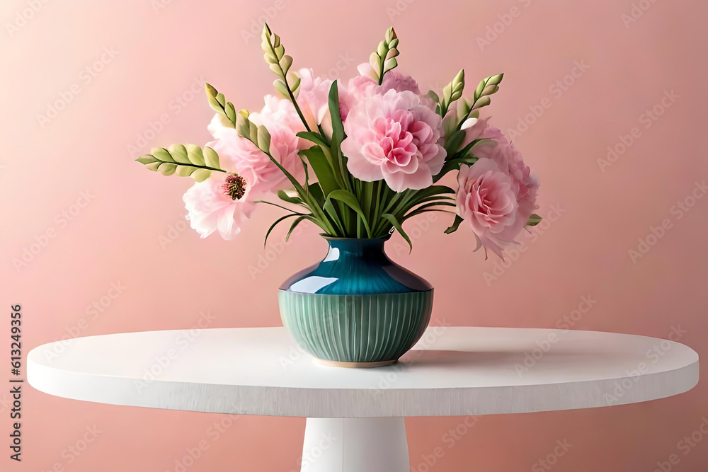 Snapdragon vase arrangement on a light pink background, with a metal disc sculpture as minimalist decor