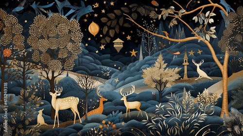Mystical Night: Dark Blue Mural Wallpaper with Deer and Birds © Jardel Bassi