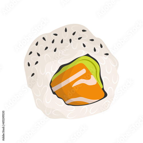 Sushi california roll with sesame seeds flat vector isolated on white background