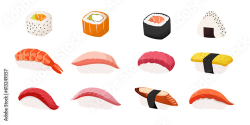 Set with different types of sushi philadelphia, maki roll, california, onigiri, nigiri cartoon flat vector isolated on white background. 