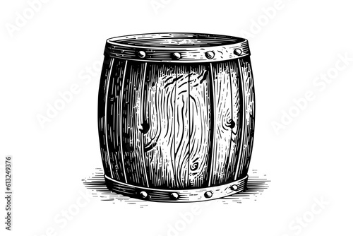 Wood barrel. Hand drawn sketch engraving style vector illustrations