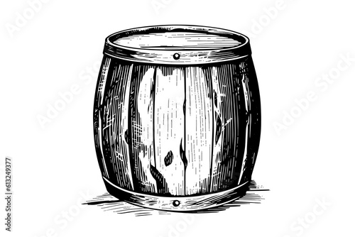 Wood barrel. Hand drawn sketch engraving style vector illustrations
