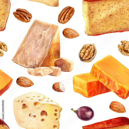 Seamless pattern with cheese and nuts. Hand drawn watercolor illustration photo