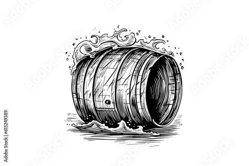 Wood barrel in sea. Hand drawn sketch engraving style vector illustrations