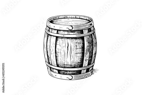 Wood barrel. Hand drawn sketch engraving style vector illustrations
