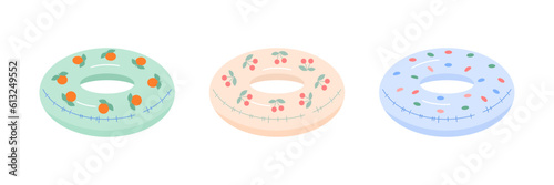 Set of inflatable summer swimming rings for relaxing on beach by the sea or in pool. Vector illustration of rubber circles in delicate pastel shades with berry and fruit pattern.