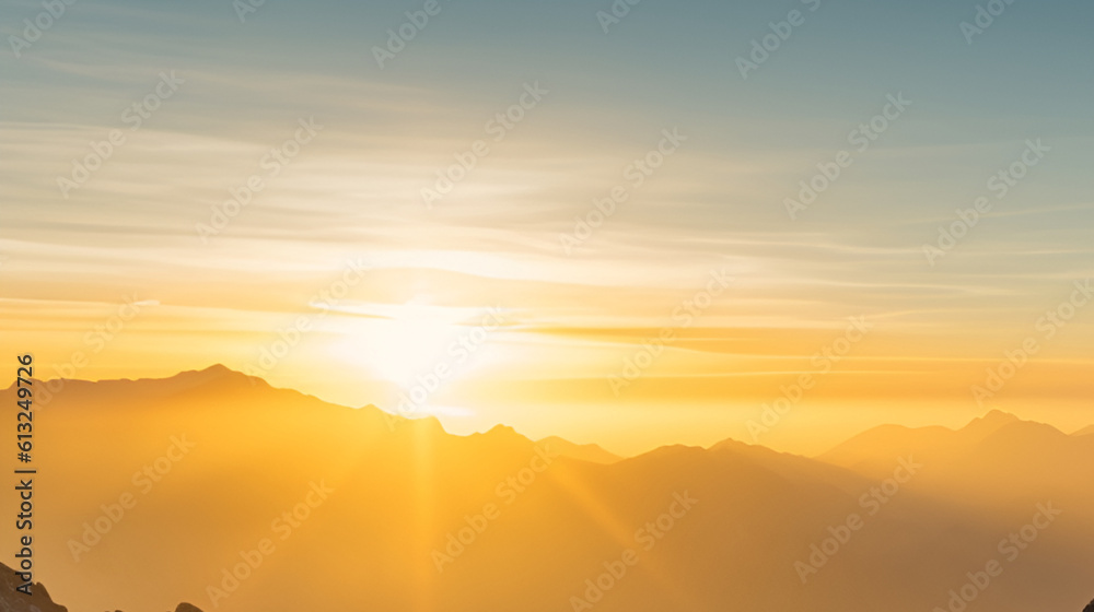 Beautiful panorama of orange and yellow cloudscapes at sunrise/sunset on a blue sky. Generative AI.	