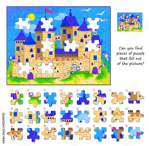 Logic game for children and adults. Can you find pieces of puzzle that fell out of picture? Page for kids brain teaser book. Task for attentiveness. Developing spatial thinking. Play online.