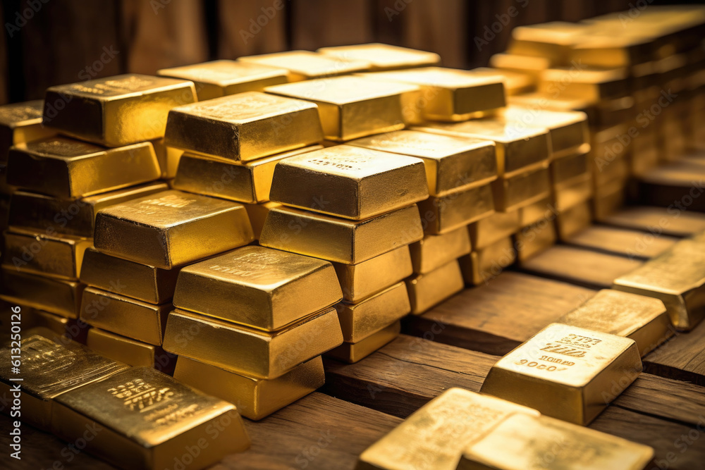 Stack of gold bars in vault. Finance and economics concept. Created with Generative AI Stack of gold bars in vault. Finance and economics concept. Created with Generative AI