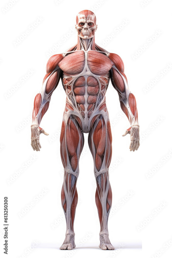 Anatomical model of human body with muscular and circulatory systems on white background. Created with Generative AI Anatomical model of human body with muscular and circulatory systems on white background. Created with Generative AI