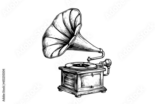 Photo Retro phonograph gramophone vintage engraved vector illustration