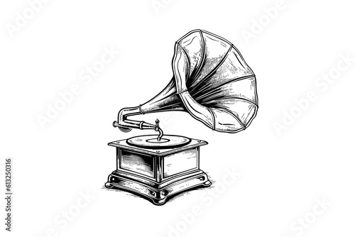 Retro phonograph gramophone vintage engraved vector illustration. Sketch hand drawn art