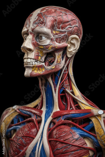Anatomical model of human body with muscular and circulatory systems. Skeleton on dark background. Created with Generative AI