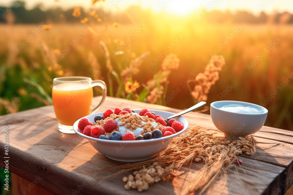Natural and organic breakfast in a countryside - obrazy, fototapety, plakaty 