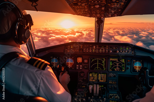 Commander piloting a plane at sunrise