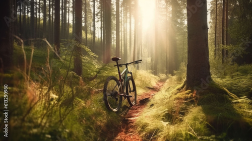 a mountain bike in the forest at sunset. no people. Generative AI