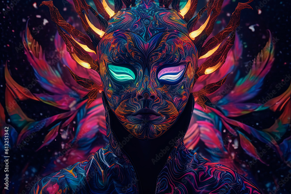 Colorful light behind the mask of reality. Generative AI