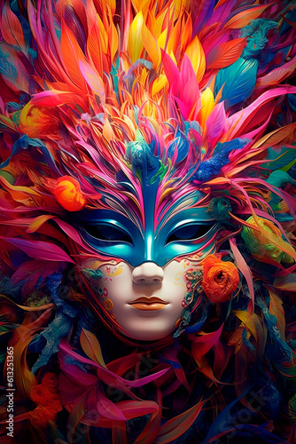 Colorful light behind the mask of reality. Generative AI