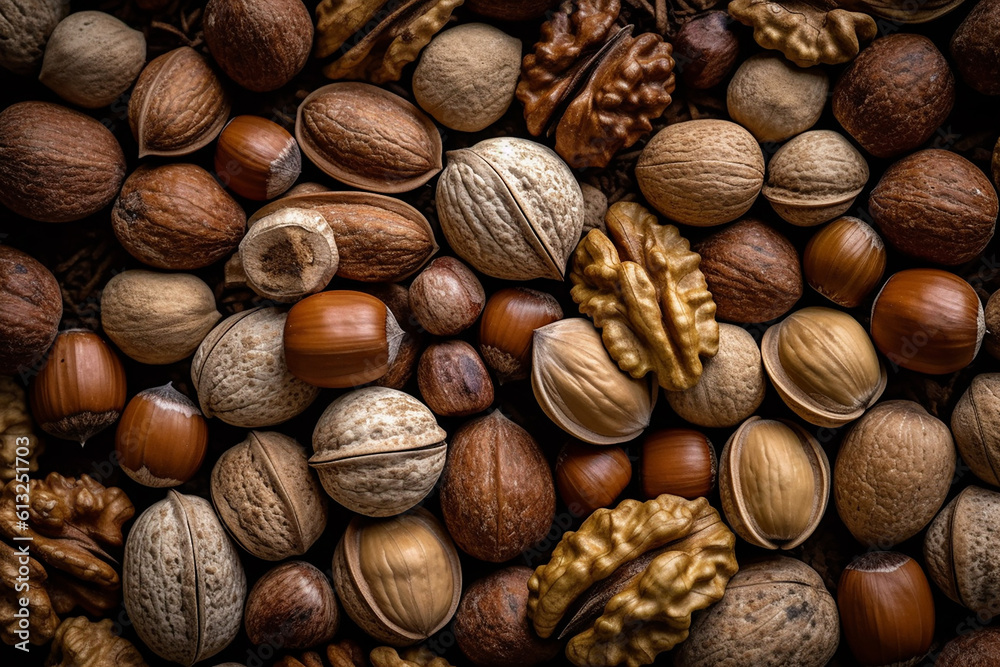 Generative AI - Background formed with different kinds of nuts Generative AI - Background formed with different kinds of nuts