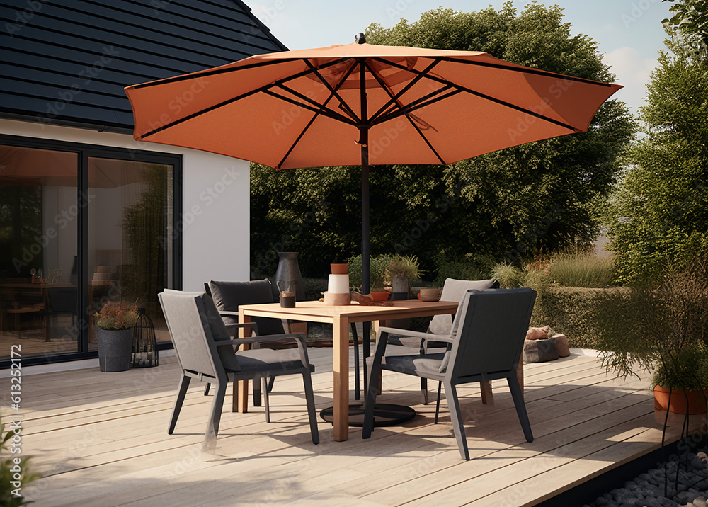 Obraz premium Parasol with Table and Chairs