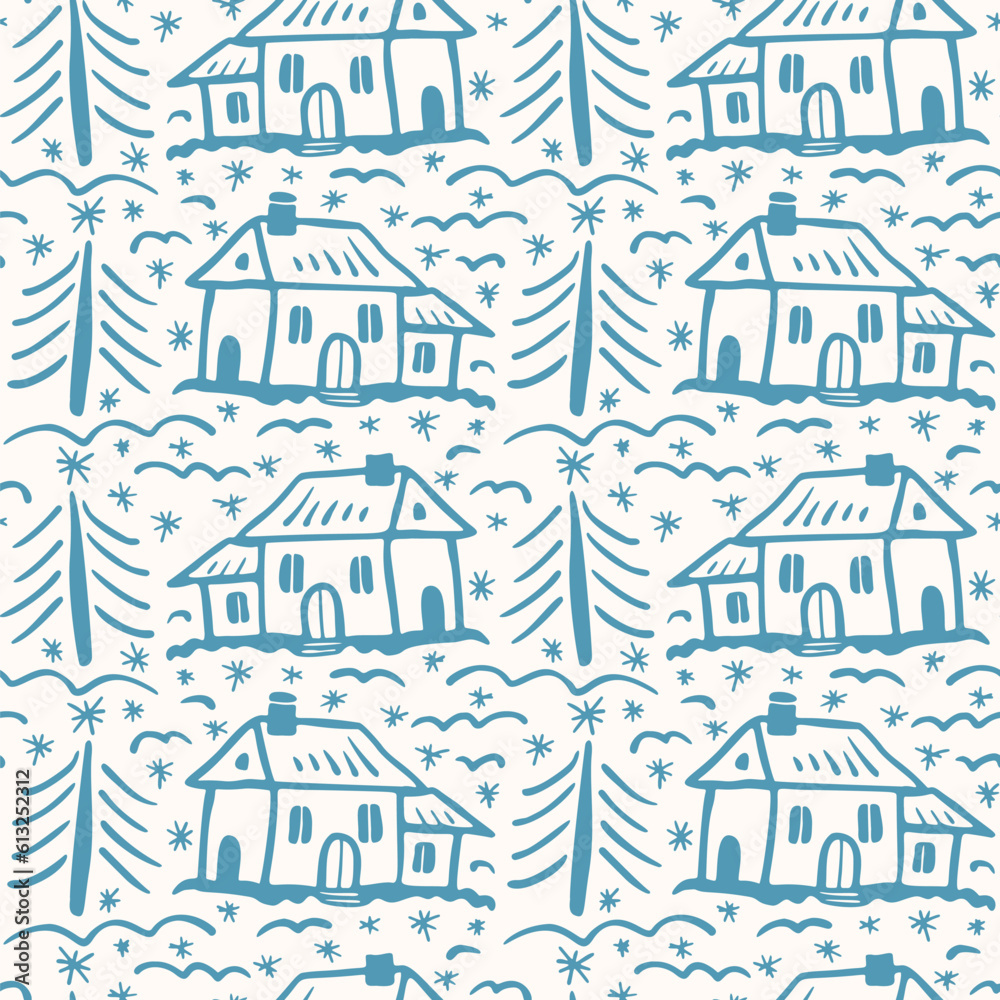 Seamless pattern with a small village. Winter landscape. Digital painting.