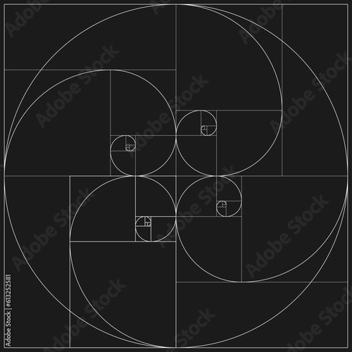 vector illustration of a golden ratio pattern in square isolate on black background. golden ratio logo design. spiral golden ratio vector icon.