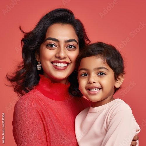 Joyful Bond Young Modern Indian Child and Mother Smiling and Happy Faces generative ai