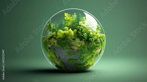 Growing tree on Green Globe in human hand. Generative ai