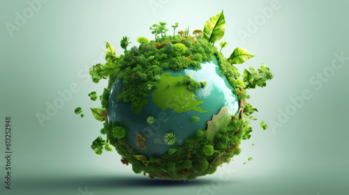Fototapeta Naklejka Na Ścianę i Meble -  The Significance of a Green Globe with Continents on blurred Natural Background. Generative ai