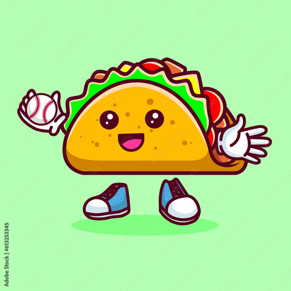 Vector illustration of kawaii taco cartoon character with baseball bat and ball. Vector eps 10 Vector illustration of kawaii taco cartoon character with baseball bat and ball. Vector eps 10