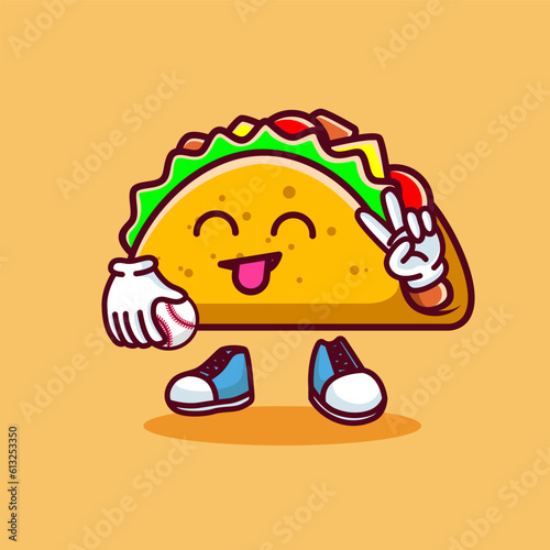 Vector illustration of kawaii taco cartoon character with baseball bat and ball. Vector eps 10