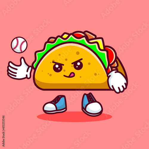 Vector illustration of kawaii taco cartoon character with baseball bat and ball. Vector eps 10
