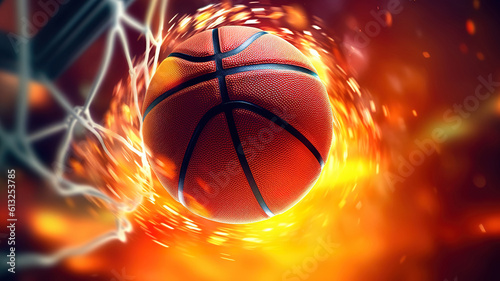 Basketball game ball in hoop. Generative ai