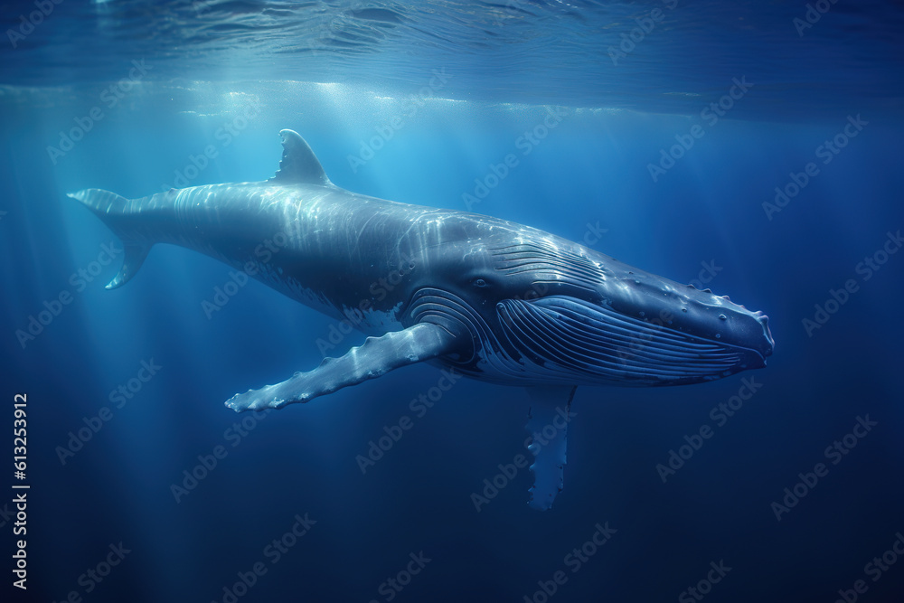 Blue whale swimming deep in the ocean