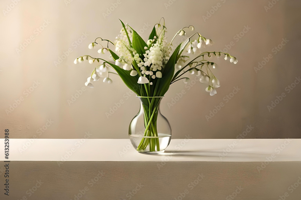 Lily of the Valley bouquet in a vase on a beige background, with a glass test tube vase as minimalist decor