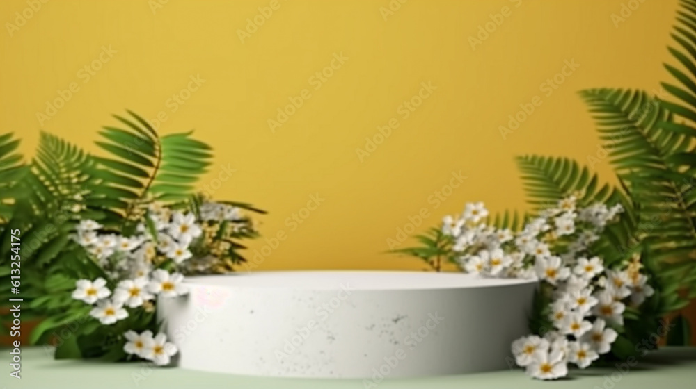 Focus round wooden podium set in focus white flowers for displaying products and yellow background.