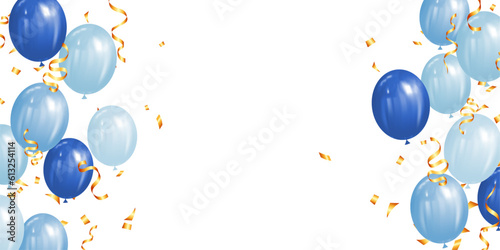 blue balloons and confetti for grand opening luxury greeting card vector illustration. frame template