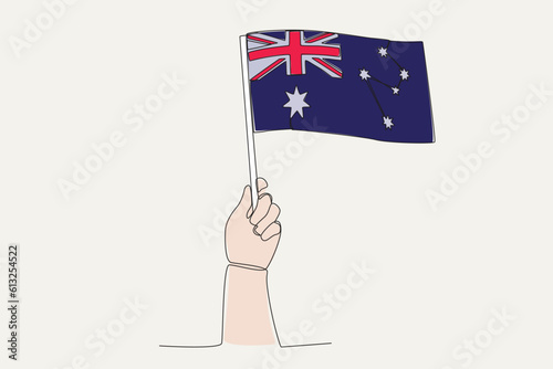 A hand raised the Australia flag. Flag one-line drawing © stlineart